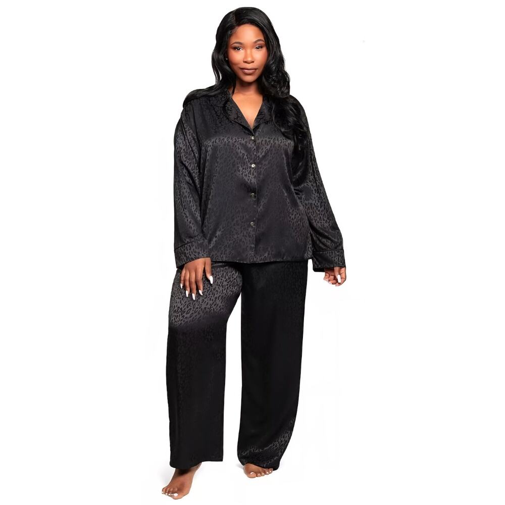 Lilac & London Medium M Black Animal Print Collared Pajama Top, Pants 2pc Set